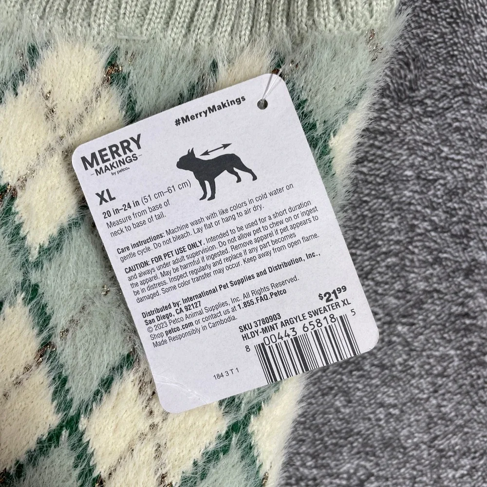 Merry Makings Petco Mint Argyle Dog Sweater XL Holiday Metallic Knit HLDY-MINT